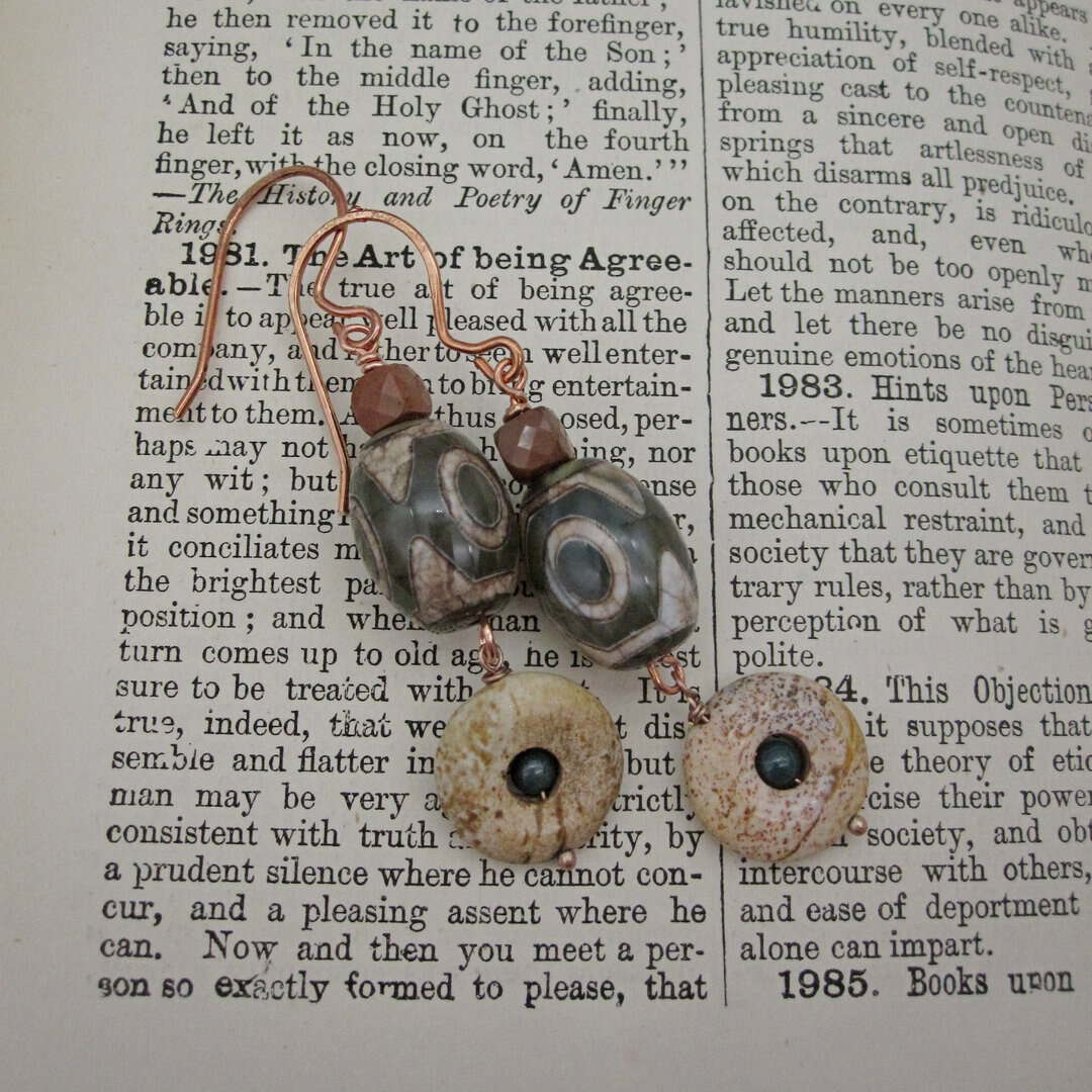 Agate Dzi Bead Earrings with Jasper, Rose Gold Plated - Image 2