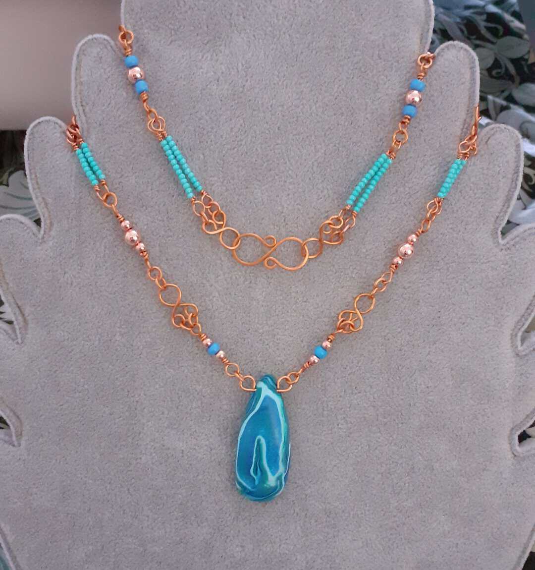 Orcadian Blue and Beaded Copper Wire Wrapped Necklace - Image 1