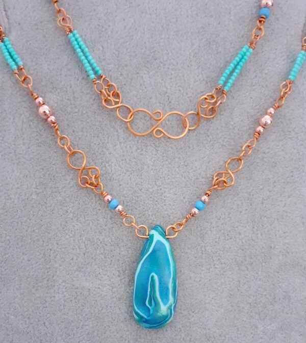 Orcadian Blue and Beaded Copper Wire Wrapped Necklace