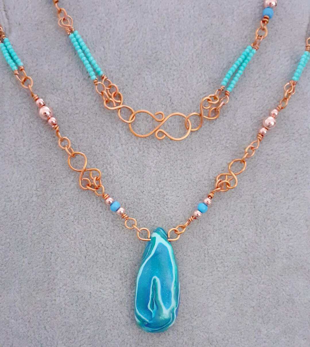 Orcadian Blue and Beaded Copper Wire Wrapped Necklace - Image 5