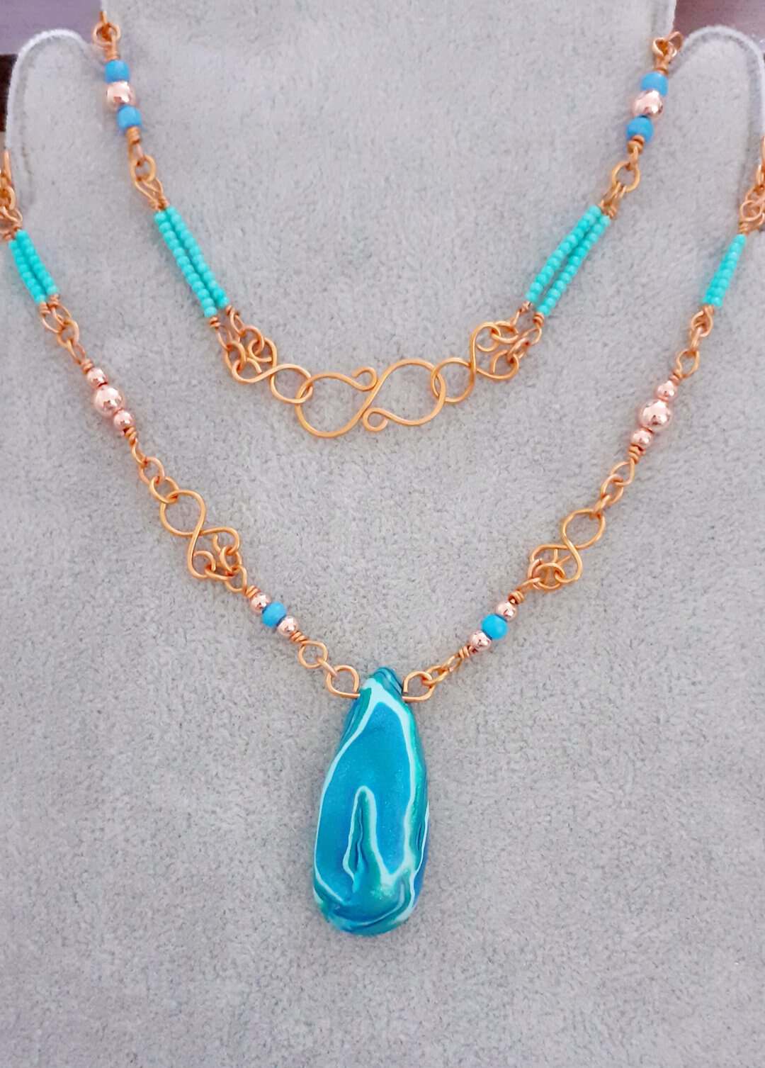 Orcadian Blue and Beaded Copper Wire Wrapped Necklace - Image 6