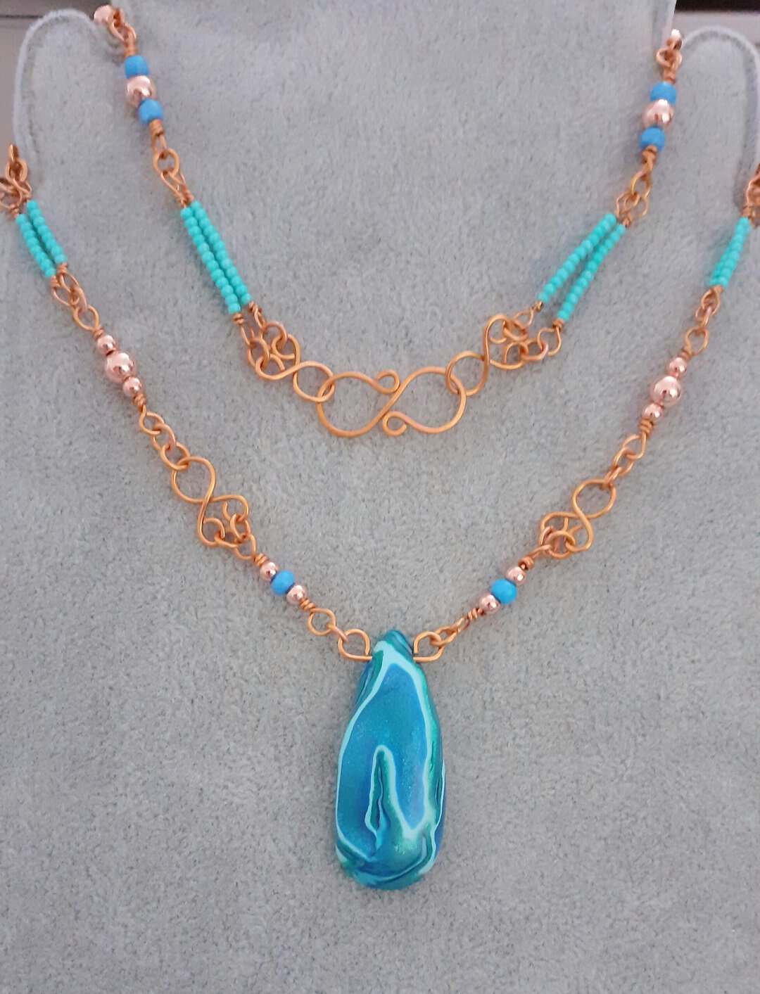 Orcadian Blue and Beaded Copper Wire Wrapped Necklace - Image 7
